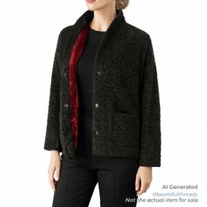 Vintage Black Bouclé Jacket w Pockets Maroon Velvet Lined Snap Front Fits M